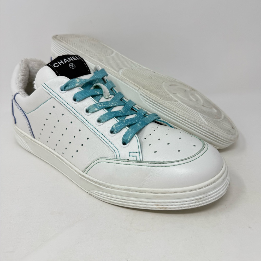 CHANEL  Calfskin Womens Logo Sneakers Whute Blue Size 45 G35937